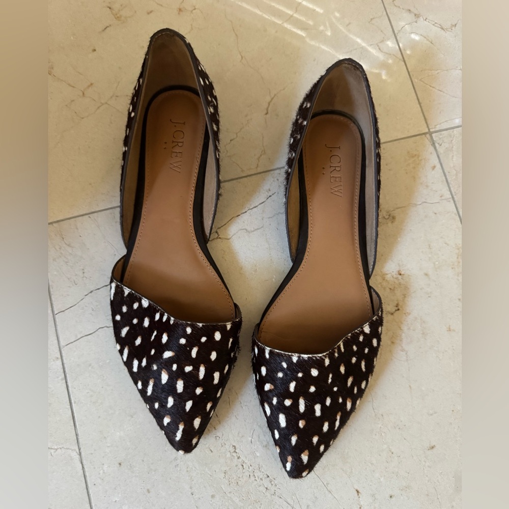 J Crew D’Orsay calfskin white dotted pointed flats